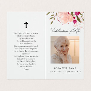 Pink Floral Photo Memorial Funeral Prayer Card Visitekaartjes