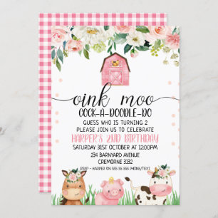 Pink Floral Plaid Farm Animal Invitation Anniversa