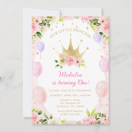 Pink Floral Princess Crown 1st Birthday Kaart (Voorkant)
