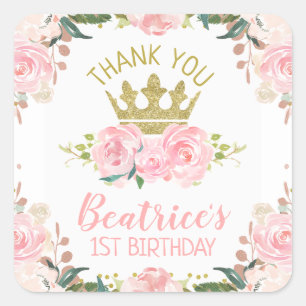 Pink Floral Princess Crown 1st Birthday Vierkante Sticker