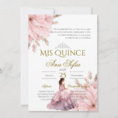 Pink Floral Quinceanera invitation Spanish (Devant)