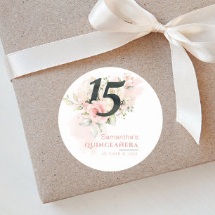 Pink Floral Quinceanera Waterverf 15e verjaardag Ronde Sticker