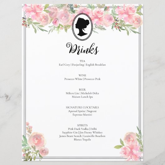 Pink Floral Regency Fête des mariées Cocktail Menu (Devant)