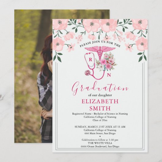 Pink Floral RN Nursing Graduation Invitation | BSN (Devant / Derrière)