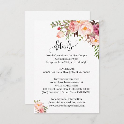 Pink Floral Romantique boho chic insert carte (Devant / Derrière)