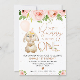 Pink Floral Roos Gold Bunny 1st Birthday Kaart