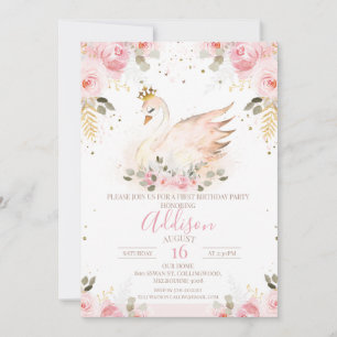 Pink Floral Roos Princess Swan Birthday Uitnodigin Kaart