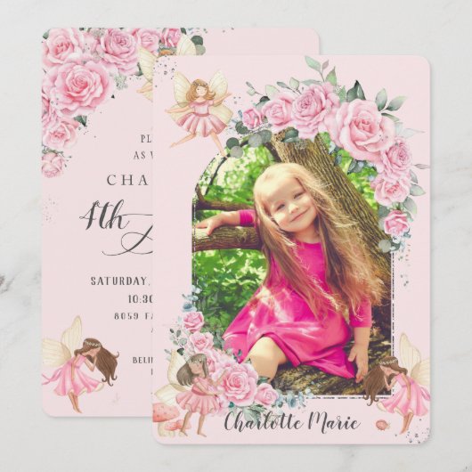 Pink Floral Rozen Fairies Arch Birthday Foto Invi Kaart (Voorkant / Achterkant)