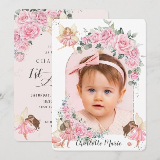 Pink Floral Rozen Fairies Arch Birthday Foto Kaart (Voorkant / Achterkant)