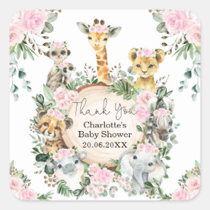 Pink Floral Safari Wilde Dieren Meisjes Vierkante Sticker