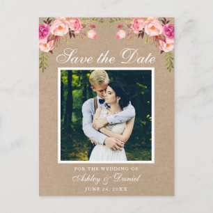 Pink Floral Save the Date Photo Kraft Aankondigingskaart