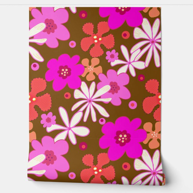 Pink Floral Seamless Art on Brown Behang (Afrollen)
