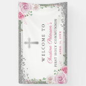 Pink Floral Silver First Heilige Communauteit Welk Spandoek (Verticaal)
