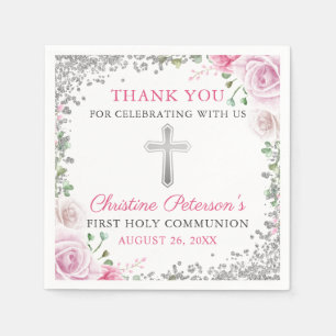 Pink Floral Silver Glitter First Heilige Communie Servet