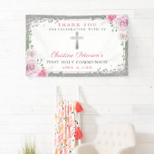 Pink Floral Silver Glitter First Heilige Communie Spandoek (Insitu)
