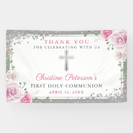 Pink Floral Silver Glitter First Heilige Communie Spandoek
