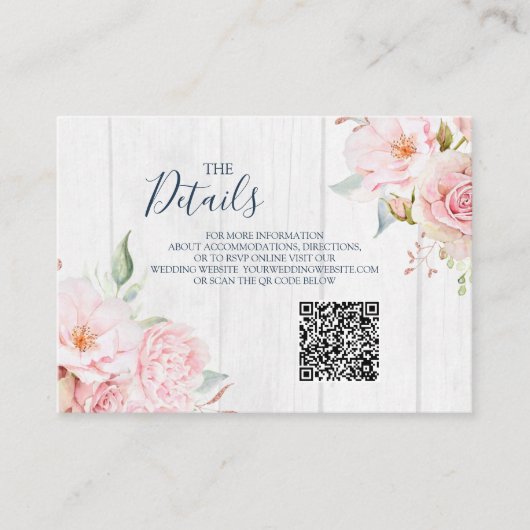 Pink Floral Spring Wedding QR code Details Insert Informatiekaartje (Voorkant)