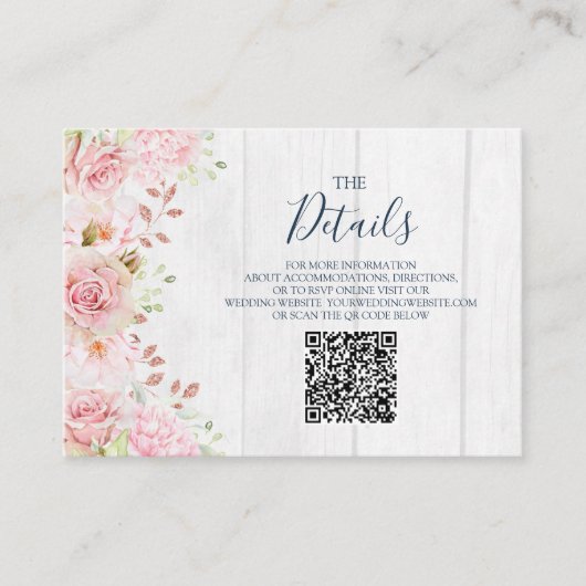 Pink Floral Spring Wedding QR code Details Insert Informatiekaartje (Voorkant)