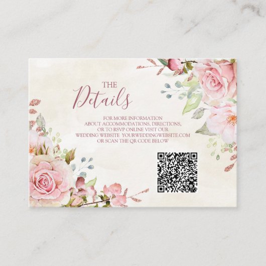 Pink Floral Spring Wedding QR code Details Insert Informatiekaartje (Voorkant)
