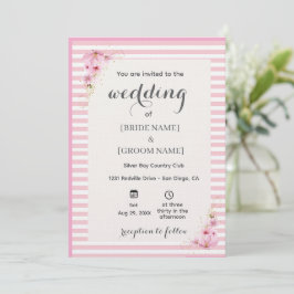 Pink Floral Striped Wedding Invitation Kaart