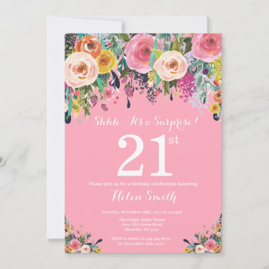 Pink Floral Surprise 21ème anniversaire Invitation (Devant)