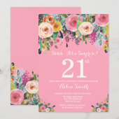Pink Floral Surprise 21ème anniversaire Invitation (Devant / Derrière)