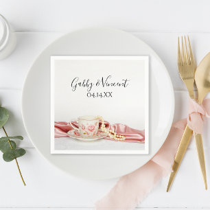 Pink Floral Tea Cup met parelbruiloft Servet