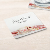 Pink Floral Tea Cup met parelbruiloft Vierkante Kartonnen Onderzetter (Schuin)