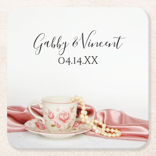 Pink Floral Tea Cup met parelbruiloft Vierkante Kartonnen Onderzetter (Voorkant)