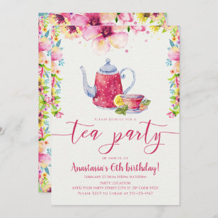Pink Floral Tea Party Birthday Kaart