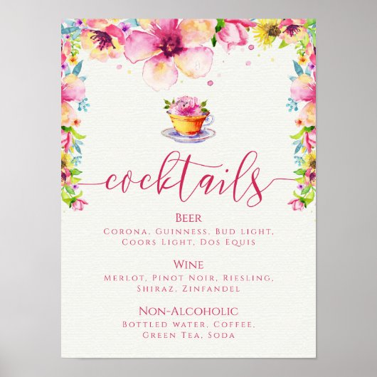 Pink Floral Tea Party Cocktail Menu Poster (Voorkant)