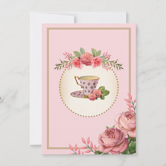 Pink Floral Tea Party Invite Shabby Chic Kaart (Achterkant)