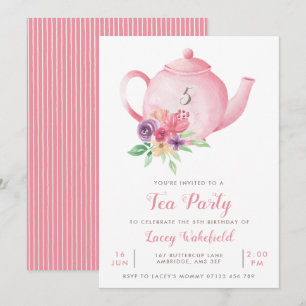 Pink Floral Teapot Girl's Birthday Tea Party Invit Kaart