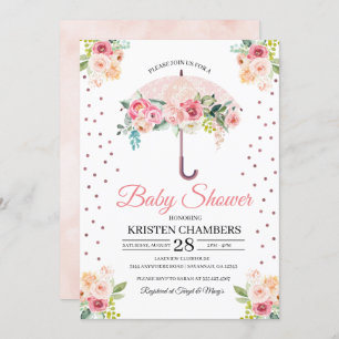 Pink Floral Umbrella Baby shower Invitation Kaart