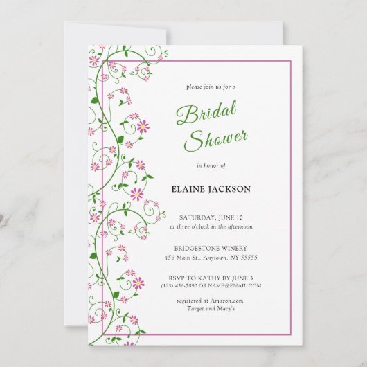 Pink Floral Vine Douche Invitation Carte Plat (Devant)