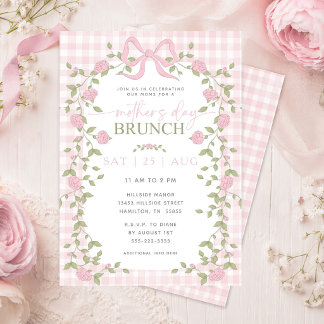 Pink Floral Vines Pink Gingham Mother's Day Brunch Kaart