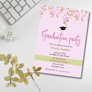 Pink Floral Watercolor Graduation Party Invitation Kaart