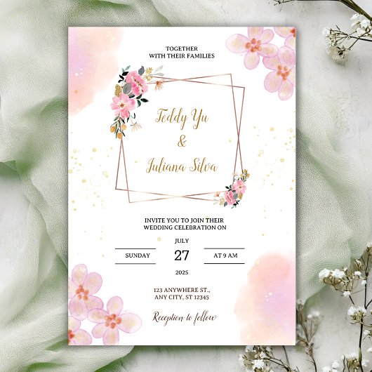 Pink Floral Watercolor Wedding Invitation