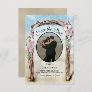 Pink Floral Waterverf Beach Arbor & Photo Wedding Save The Date