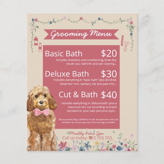 Pink Floral Waterverf Dog Grooming Services Menu (Voorkant)