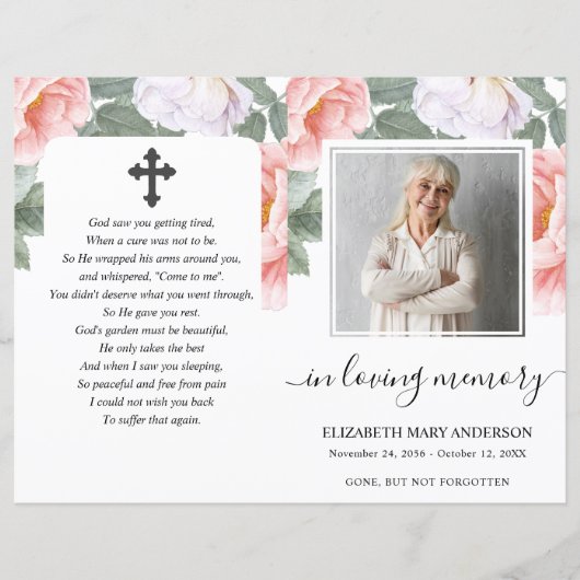 Pink Floral Waterverf Foto Funeral Full Programme (Voorkant)