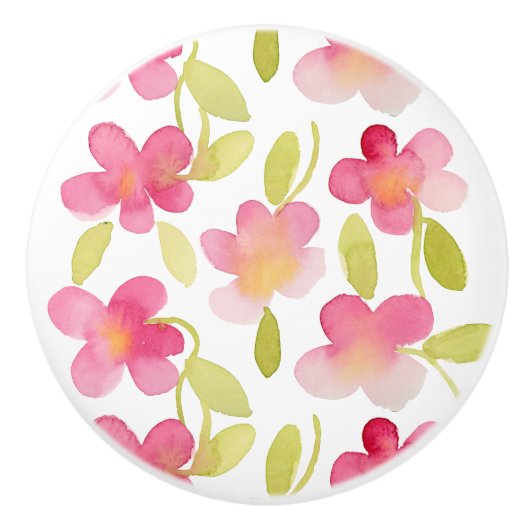 Pink Floral Waterverf Patroon Keramische Knop (Voorkant)