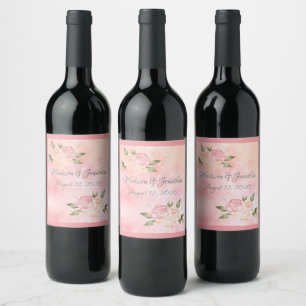 Pink Floral Waterverf Script Weddenschap Wijn Etiket