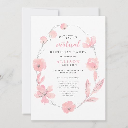 Pink Floral Waterverf Virtual Birthday Party Kaart (Voorkant)