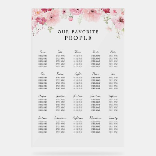 Pink Floral Wedding 20 Table Seating Chart (Recto)