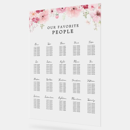 Pink Floral Wedding 20 Table Seating Chart (Angle)