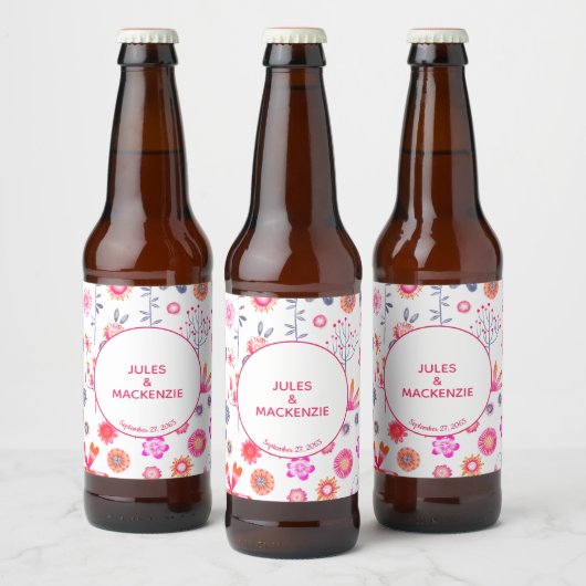 Pink Floral Wedding Bier Etiket (Flessen)
