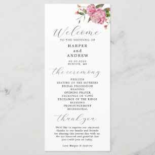 Pink Floral Wedding Ceremony Programme Programma