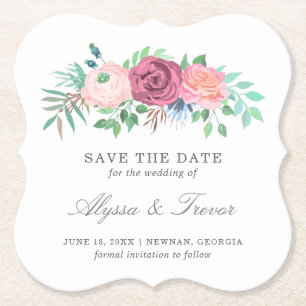 Pink Floral Wedding Non Photo Save the Date Kartonnen Onderzetters