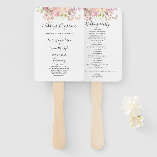 Pink Floral Wedding Programme set of Fans Handwaaier (Voorkant en achterkant)